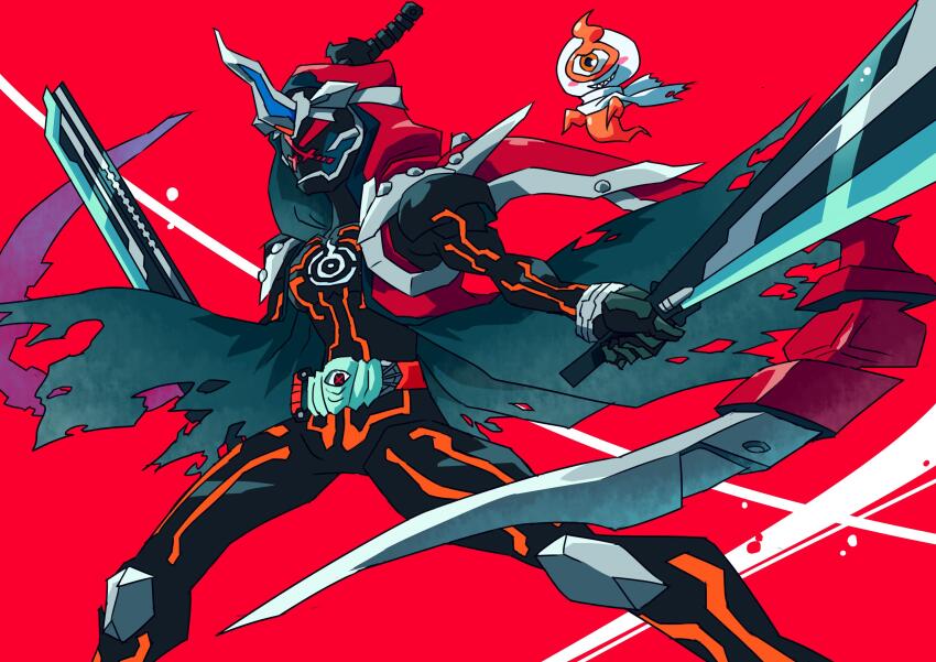 1boy absurdres armor black_gloves commentary_request dual_wielding eyecon field_of_blades ghost_driver gloves highres holding hood hoodie horns kamen_rider kamen_rider_ghost kamen_rider_ghost_(series) male_focus mask musashi_damashii otokamu parka planted rider_belt single_horn sword weapon yurusen