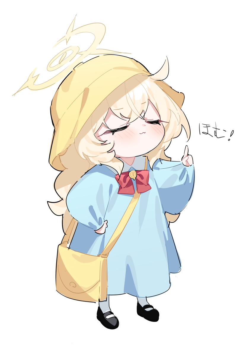 1girl :3 absurdres aged_down alternate_costume bag black_shoes blonde_hair blue_archive blue_shirt blush bow bowtie closed_eyes commentary doyagao full_body halo hand_on_own_hip hat highres honi_(honi1010) index_finger_raised kindergarten_uniform long_hair long_sleeves pointing pointing_up professor_niyaniya_(blue_archive) red_bow red_bowtie school_hat shirt shoes shoulder_bag simple_background smile smock smug socks solo standing symbol-only_commentary three_quarter_view white_background white_socks yellow_bag yellow_halo yellow_hat