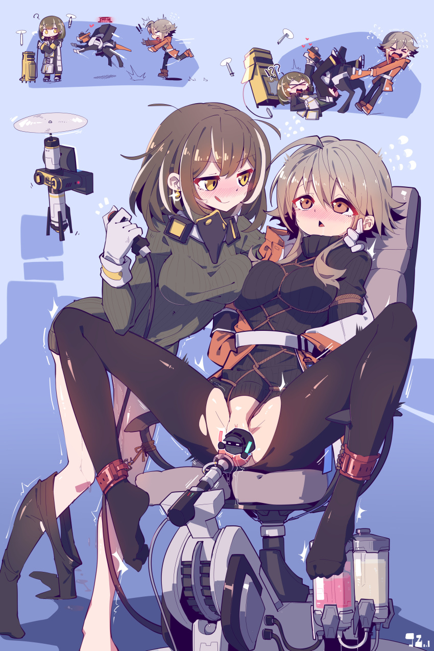! !! &gt;_&lt; 2girls :d ? ^^^ absurdres ahoge anger_vein arknights arms_behind_back artistic_error bar_censor bdsm bird_mask black_legwear black_sweater blue_background blush bondage boots bound breasts brown_eyes brown_footwear brown_hair camera censored chair character_censor chinese_commentary clothes_pull coat controller crotch_cutout cuffs dildo doctor_(arknights) drone earrings female_focus full_body gloves green_sweater grey_gloves hair_between_eyes head_steam highres hood hooded_coat imazawa jewelry jumping knotted_dildo large_variant_set leaning_forward licking_lips light_brown_hair looking_at_another m_legs magallan_(arknights) mask mask_around_neck mayer_(arknights) medium_breasts medium_hair messy_hair multicolored_hair multiple_girls nervous_sweating no_panties no_shoes non-humanoid_robot novelty_censor object_insertion off_shoulder open_clothes open_coat open_mouth orange_coat pantyhose pantyhose_around_one_leg pantyhose_pull pulling pussy_juice rape remote_control restrained revenge ribbed_sweater robot robot_animal robot_dog robot_sex rope running sanpaku sex_machine sex_toy shackles shibari short_hair sidelocks simple_background sitting skates smile spread_legs standing stomach_bulge streaked_hair sweat sweater taut_clothes tearing_up tears tongue tongue_out torn_clothes torn_legwear trembling triangle_mouth turtleneck turtleneck_sweater two-tone_hair v-shaped_eyebrows vaginal vaginal_object_insertion variant_set white_coat white_hair winter_clothes winter_coat xd yellow_eyes