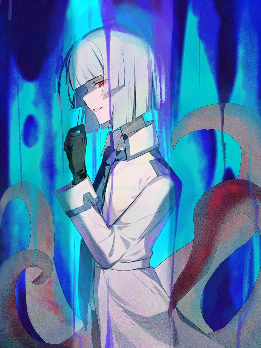 1boy anchor_symbol aqua_background belt black_gloves blue_necktie blue_trim chinese_commentary coat collared_coat commentary_request cowboy_shot eyes_visible_through_hair film_grain fukami_(funamusea) funamusea gloves grin hand_up highres horizontal_pupils long_sleeves male_focus necktie octopus_boy oounabara_to_wadanohara rafag red_eyes short_hair smile solo tentacles white_belt white_coat white_hair