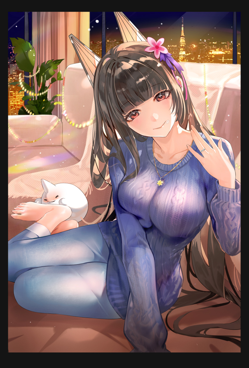 1girl absurdres akagi_(warship_girls_r) alternate_costume animal animal_ears barefoot black_hair blue_sweater blunt_bangs blush breasts brown_hair cat city_lights cityscape closed_mouth collarbone couch curtains deer_gu_fu_fu_ball denim flower fox_ears galo_(warship_girls_r) hair_flower hair_ornament hand_up head_tilt highres indoors jeans jewelry large_breasts long_hair long_sleeves looking_at_viewer necklace night night_sky pants plant potted_plant red_eyes ring sitting sky smile solo sweater very_long_hair warship_girls_r window yokozuwari