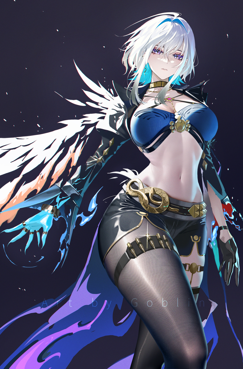 1girl absurdres ahoge artist_name black_gloves black_jacket black_pantyhose black_shorts black_thighhighs blue_bra blue_hair bra breasts commentary cropped_jacket earrings feet_out_of_frame galbrena_(wuthering_waves) gloves gold_choker hair_between_eyes hair_intakes highres jacket jewelry large_breasts looking_at_viewer mr_goblin navel pantyhose parted_lips purple_eyes shorts single_leg_pantyhose single_thighhigh solo stomach thigh_strap thighhighs underwear white_hair wuthering_waves