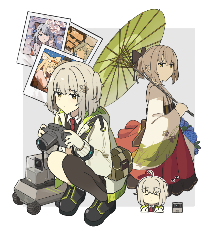 1girl absurdres ace_(arknights) ahoge arknights black_footwear camera closed_mouth commentary dot_mouth elysiium english_commentary green_umbrella grey_hair grey_jacket highres holding holding_camera holding_umbrella infection_monitor_(arknights) jacket japanese_clothes lens_(arknights) long_sleeves mint_(arknights) mint_(tsukiyoi)_(arknights) multiple_views necktie official_alternate_costume oil-paper_umbrella one_side_up photo_(object) puffy_long_sleeves puffy_sleeves red_necktie rosmontis_(arknights) scene_(arknights) scene_(betsushi)_(arknights) short_hair single_thighhigh split_mouth squatting suzuran_(arknights) suzuran_(yukibare)_(arknights) thighhighs umbrella yellow_eyes