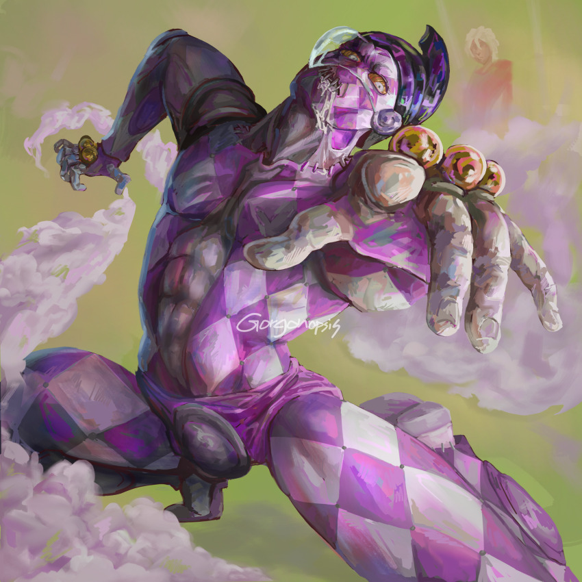 1boy abs argyle_skin briefs codpiece colored_sclera drooling fingernails gorgonopsis highres jojo_no_kimyou_na_bouken jojo_pose male_focus male_underwear muscular muscular_male pointing pointing_at_viewer purple_haze_(stand) purple_haze_feedback saliva solo stand_(jojo) underwear vento_aureo
