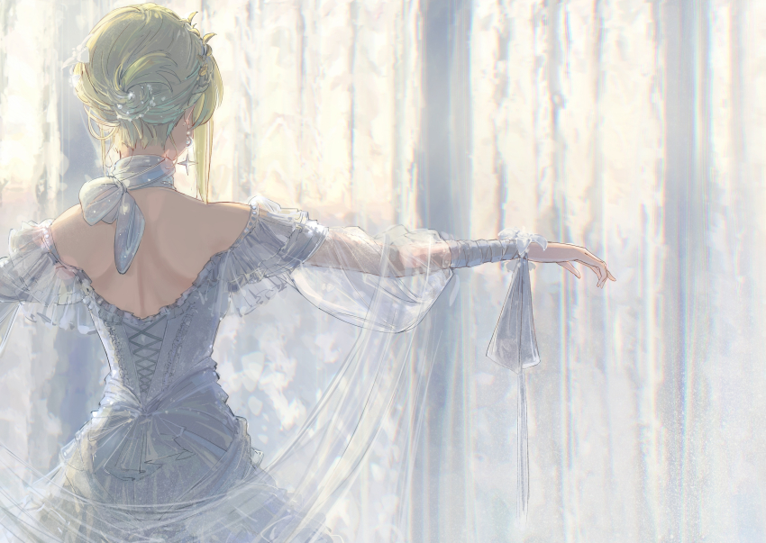 1girl absurdres back blonde_hair curtains dress earrings from_behind german_commentary hair_bun hair_ornament highres jewelry moririmuli morning original outstretched_arms short_hair solo spread_arms upper_body white_dress window