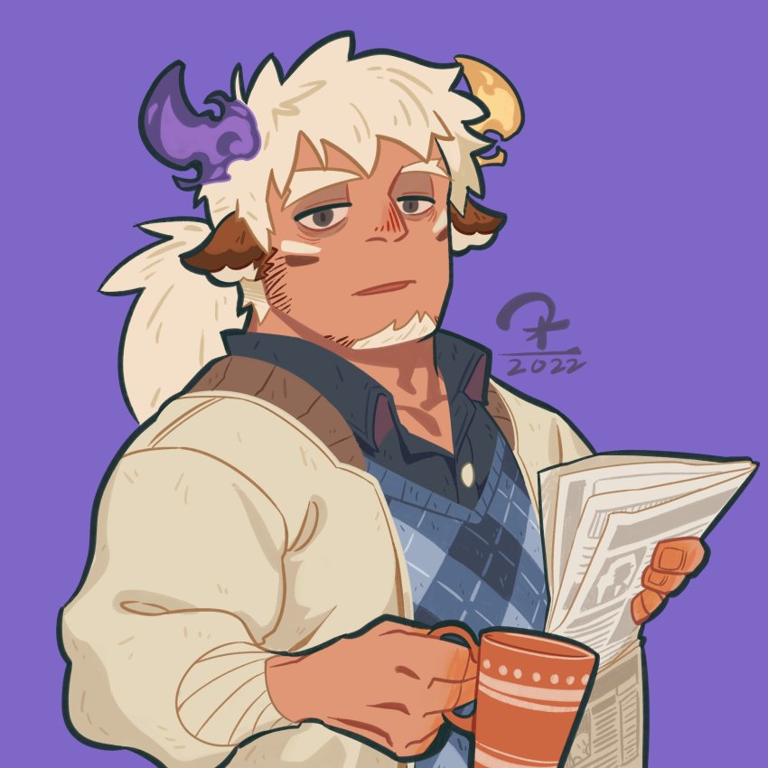 1boy all_saints_street_(style) alternate_hairstyle animal_ears argyle_clothes argyle_sweater asymmetrical_horns bara casual chibi collared_shirt contemporary cow_boy cow_ears cow_horns cup dark-skinned_male dark_skin dk_(den_ai_d) eye_black facial_hair forked_eyebrows glowing_horns goatee highres holding holding_cup horns looking_at_viewer male_focus mismatched_horns mug muscular muscular_male newspaper parody parted_lips purple_background shirt short_hair sideburns simple_background solo style_parody sweater thick_eyebrows tokyo_houkago_summoners upper_body wakan_tanka wakan_tanka_mugen wansheng_jie winter_clothes