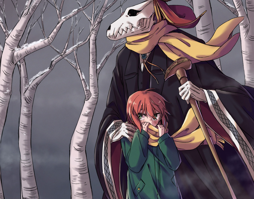 1boy 1girl absurdres animal_head animal_skull bare_tree black_coat coat delfuze elias_ainsworth forest gloves green_coat green_eyes grey_sky hatori_chise highres horns long_sleeves mahou_tsukai_no_yome nature red_hair scarf skull_head sky tree white_gloves wide_sleeves winter_clothes yellow_scarf