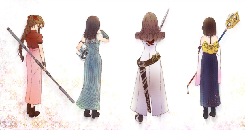 00s 1990s_(style) 4girls aerith_gainsborough bare_shoulders beatrix belt black_hair boots bracelet braid brown_hair coat cocura cropped_jacket curly_hair detached_sleeves dress final_fantasy final_fantasy_ix final_fantasy_vii final_fantasy_viii final_fantasy_x from_behind hakama hakama_skirt jacket japanese_clothes jewelry long_dress long_hair md5_mismatch multiple_girls pink_dress retro_artstyle ribbon rinoa_heartilly short_hair single_braid skirt staff sword trench_coat weapon wings yuna yuna_(ff10)