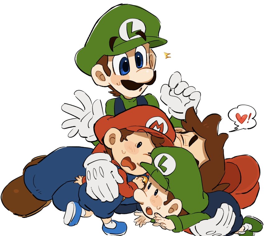 4boys animal_ears baby_luigi baby_mario blue_overalls brown_hair facial_hair from_side full_body gloves green_shirt hat highres luigi male_focus mario mario_(series) mimimi_(mimimim9999) multiple_boys mustache nintendo overalls red_hat shirt