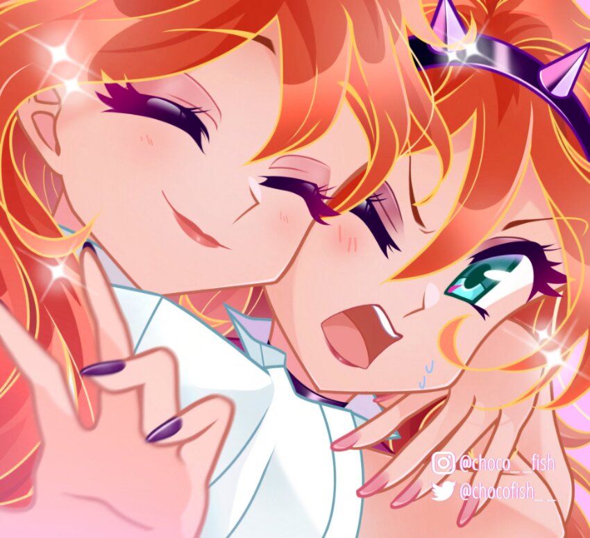 2girls ^_^ alternate_costume annoyed bad_id bad_twitter_id bloom_(winx_club) chocofish choker closed_eyes closed_mouth collared_shirt commentary dark_bloom_(winx_club) dual_persona english_commentary eyelashes eyeshadow hand_on_another&#039;s_shoulder happy highres hug instagram_username lipstick long_hair makeup multiple_girls nail_polish one_eye_closed open_mouth orange_hair outstretched_arm pink_background pink_eyeshadow pink_lips pink_nails purple_choker purple_nails school_uniform shirt short_sleeves simple_background smile sparkle sweatdrop teeth twitter_username upper_body upper_teeth_only very_long_hair watermark wavy_hair white_shirt winx_club