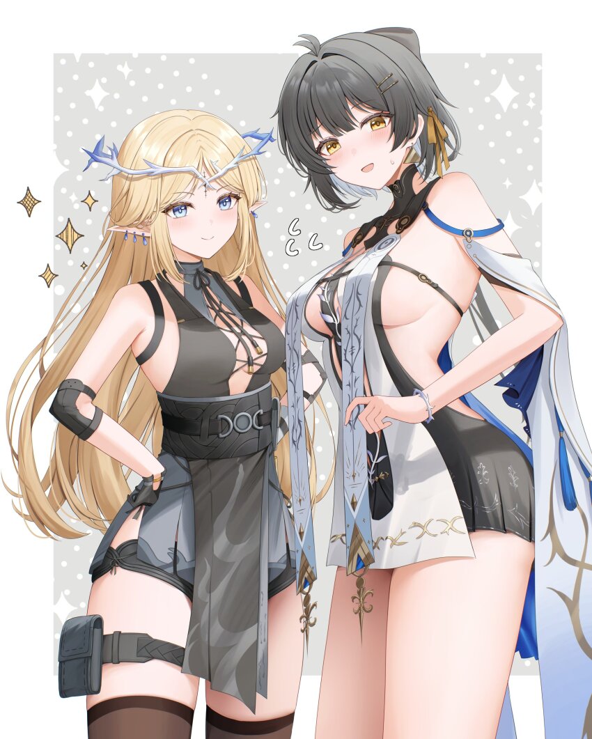 2girls absurdres antenna_hair bare_shoulders black_bow black_collar black_dress black_hair black_shorts black_thighhighs blonde_hair blue_eyes blush bow breasts cartethyia_(wuthering_waves) closed_mouth collar commentary_request cosplay costume_switch cowboy_shot cross-laced_clothes cross-laced_dress crown_of_thorns dress earrings elbow_pads female_rover_(wuthering_waves) hair_bow hair_ribbon hand_on_own_hip highres jewelry large_breasts long_hair looking_at_viewer low_ponytail medium_breasts multiple_girls open_mouth pelvic_curtain pointy_ears ponytail pouch ribbon rover_(wuthering_waves) short_shorts shorts sideboob sidelocks sinonomemikann sleeveless sleeveless_dress smile sparkle sweatdrop tabard tacet_mark_(wuthering_waves) thigh_pouch thighhighs thighs white_tabard wuthering_waves yellow_eyes yellow_ribbon