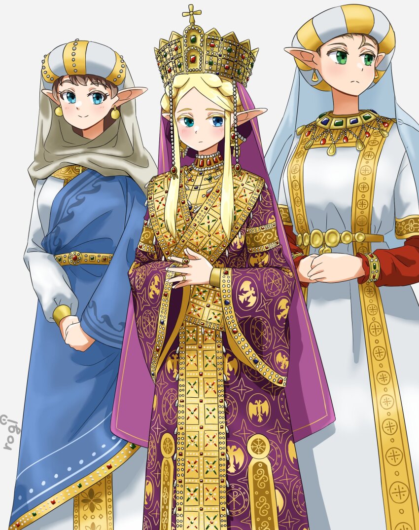 3girls absurdres aqua_eyes blonde_hair blue_eyes blue_robe blush braid byzantine_clothes chi_rho closed_mouth commentary_request cross crown earrings feet_out_of_frame gem gold gold_crown green_gemstone grey_background headscarf heterochromia highres jewelry korean_commentary long_sleeves looking_at_viewer looking_to_the_side multiple_girls necklace original own_hands_together parted_bangs pearl_(gemstone) pointy_ears print_robe purple_robe red_gemstone ring robe rogi0615 short_hair_with_long_locks sidelocks simple_background split_mouth standing steepled_fingers v_arms white_robe wide_sleeves