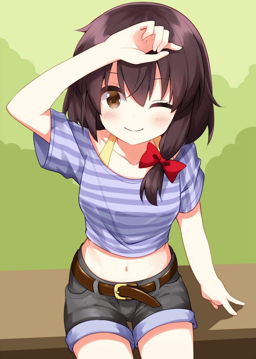 1girl ;) arm_up belt blue_shirt blush bow brown_belt brown_bow brown_hair character_request closed_mouth collarbone commentary_request cowboy_shot cropped_shirt green_background grey_shorts grimoire_of_usami hair_bow highres looking_at_viewer medium_hair midriff navel one_eye_closed red_bow ruu_(tksymkw) shirt short_sleeves shorts smile solo striped_clothes striped_shirt touhou usami_renko