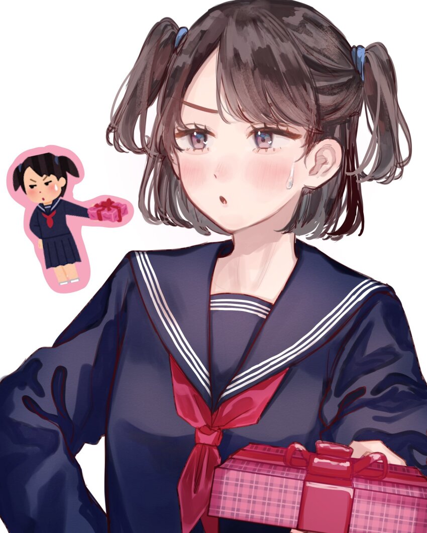 1girl black_sailor_collar black_serafuku blush box brown_eyes brown_hair gift gift_box highres holding holding_gift irasutoya long_sleeves neckerchief parted_lips red_neckerchief sailor_collar school_uniform serafuku shifu0321 shirt short_hair simple_background skirt solo sweatdrop twintails two_side_up upper_body valentine white_background