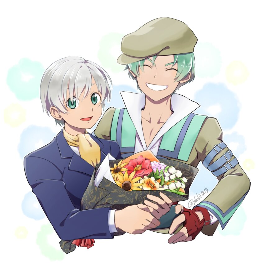 2boys ascot beret blue_jacket bouquet closed_eyes coat fingerless_gloves flower gloves green_eyes green_hair grin hair_between_eyes hand_on_own_hip hat highres holding holding_bouquet jacket looking_at_viewer male_focus multiple_boys open_mouth popped_collar red_gloves ruca_milda shiki_123 short_hair simple_background smile spada_belforma tales_of_(series) tales_of_innocence twitter_username white_hair yellow_ascot