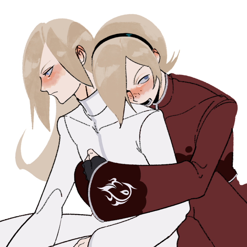 ancestor_and_descendant ash_crimson black_gloves black_headband blonde_hair blush coat collared_shirt fingerless_gloves freckles gloves headband hexermer highres hug hug_from_behind long_hair long_sleeves looking_ahead looking_to_the_side lower_teeth_only male_focus open_mouth pants red_coat red_pants saiki_(kof) shirt simple_background teeth the_king_of_fighters the_king_of_fighters_xiii white_background white_shirt