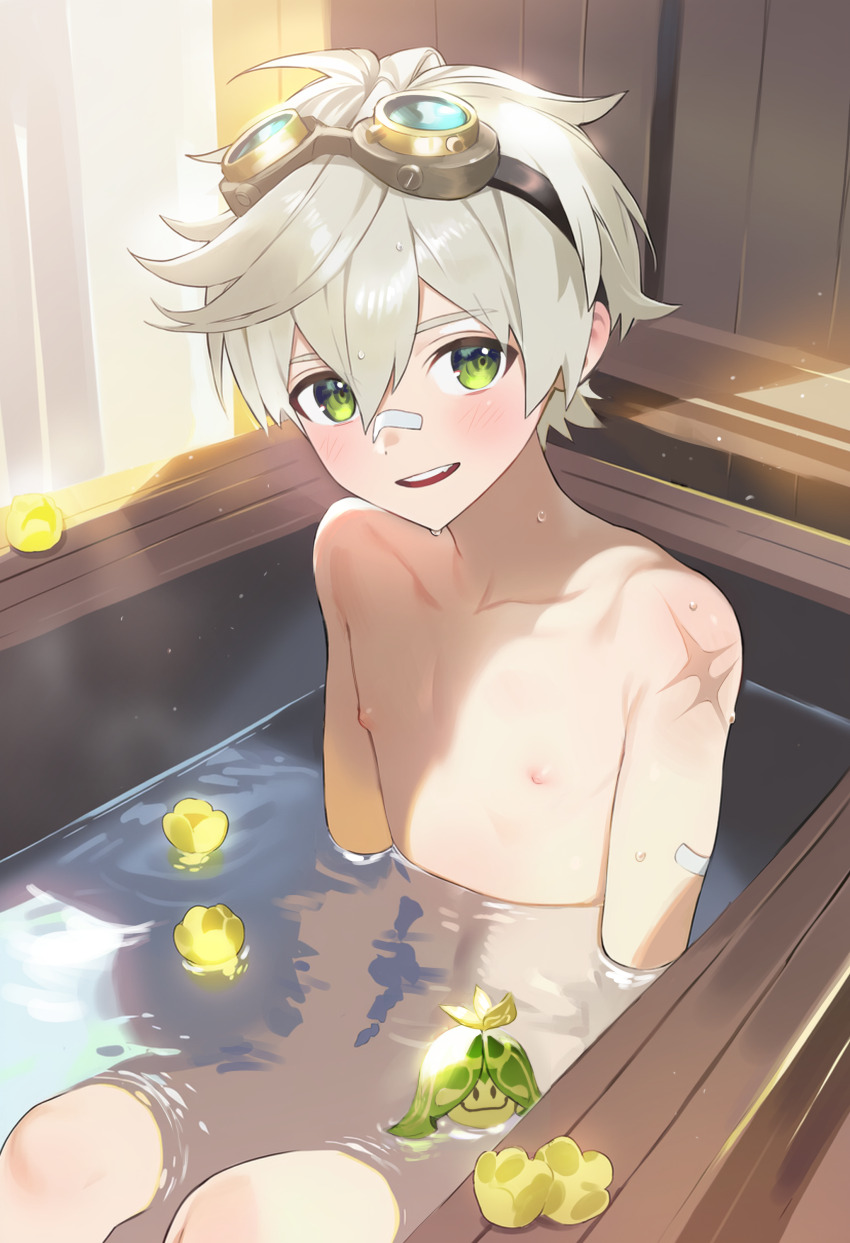 1boy :d absurdres bandaid bandaid_on_face bandaid_on_nose bathing bathtub bennett_(genshin_impact) blonde_hair collarbone commentary_request completely_nude genshin_impact goggles goggles_on_head green_eyes hair_between_eyes happy highres in_bathtub indoors kiino_(keeeno_7th) knees looking_at_viewer male_focus nipples nude open_mouth scar scar_on_shoulder short_hair shota sitting smile solo teeth upper_teeth_only water window_blinds