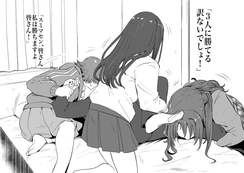 1boy 3girls formal_clothes grabbing greyscale hetero highres honda_mio hood hoodie idolmaster idolmaster_cinderella_girls indoors jacket long_hair looking_at_another monochrome multiple_girls new_generations_(idolmaster) no_eyes on_bed open_mouth otochichi producer_(idolmaster) producer_(idolmaster_cinderella_girls_anime) restrained shibuya_rin shimamura_uzuki short_hair skirt speech_bubble suit suit_jacket translation_request
