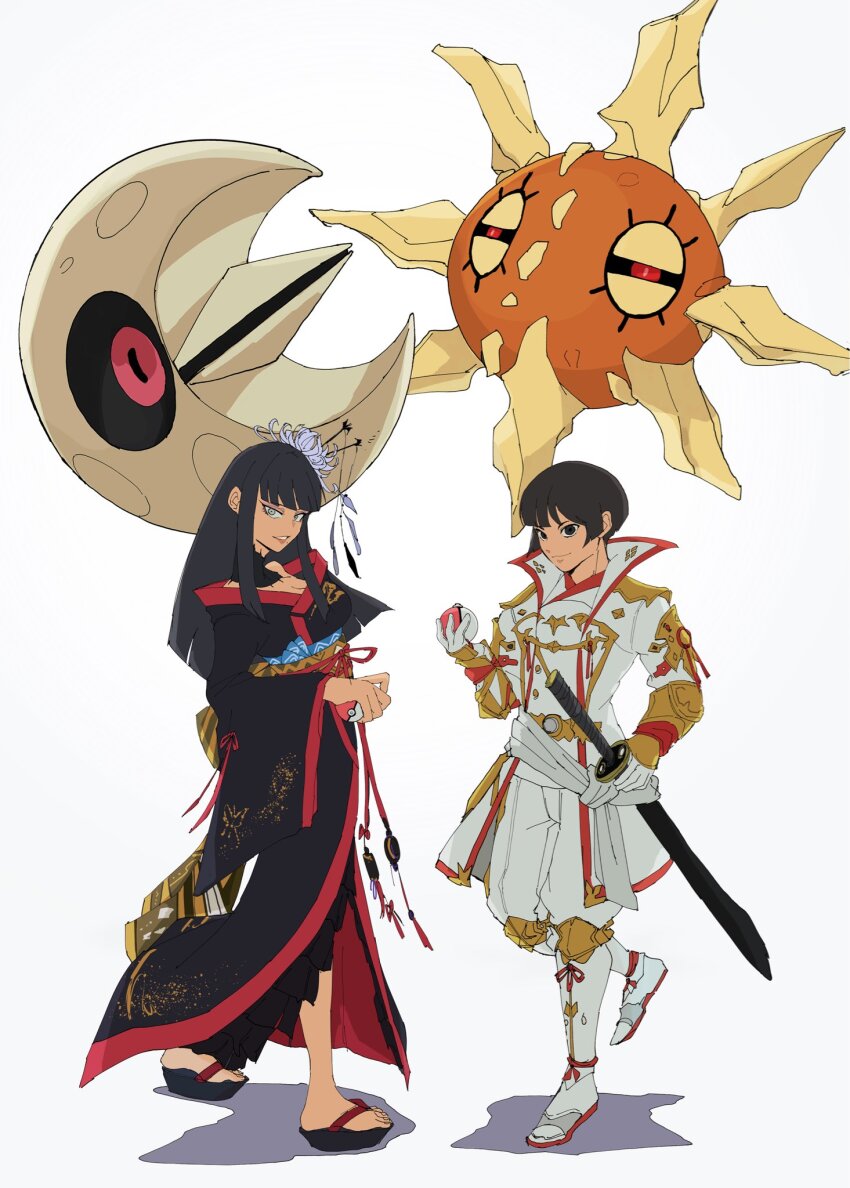 1boy 1girl asahi_sas_brutus belt black_collar black_eyes black_hair black_kimono blunt_bangs blunt_ends bowl_cut brother_and_sister coat collar crossover epiphyllum final_fantasy final_fantasy_xiv floating flower full_body gen_3_pokemon glaa_da gloves green_eyes hair_flower hair_ornament hair_stick hand_on_own_hip hand_up high_collar highres holding holding_poke_ball holding_sword holding_weapon hyur japanese_clothes kimono knee_pads lace_collar long_hair looking_at_viewer lunatone nintendo obi obiage obijime off_shoulder okobo pants parted_lips platform_sandals poke_ball pokemon pokemon_(creature) red_trim sandals sash short_hair siblings sidelocks simple_background smile solrock standing straight_hair sword vambraces weapon white_background white_coat white_footwear white_gloves white_pants white_sash wide_sleeves yotsuyu_goe_brutus