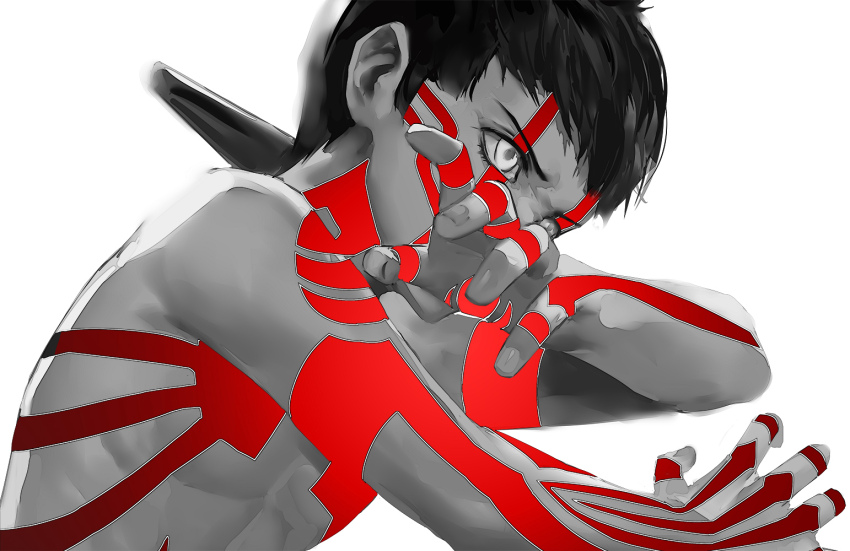 1boy black_hair blazpu covering_own_mouth demi-fiend facial_mark frown monochrome shin_megami_tensei shin_megami_tensei_iii:_nocturne simple_background spot_color tagme tattoo toned upper_body white_background
