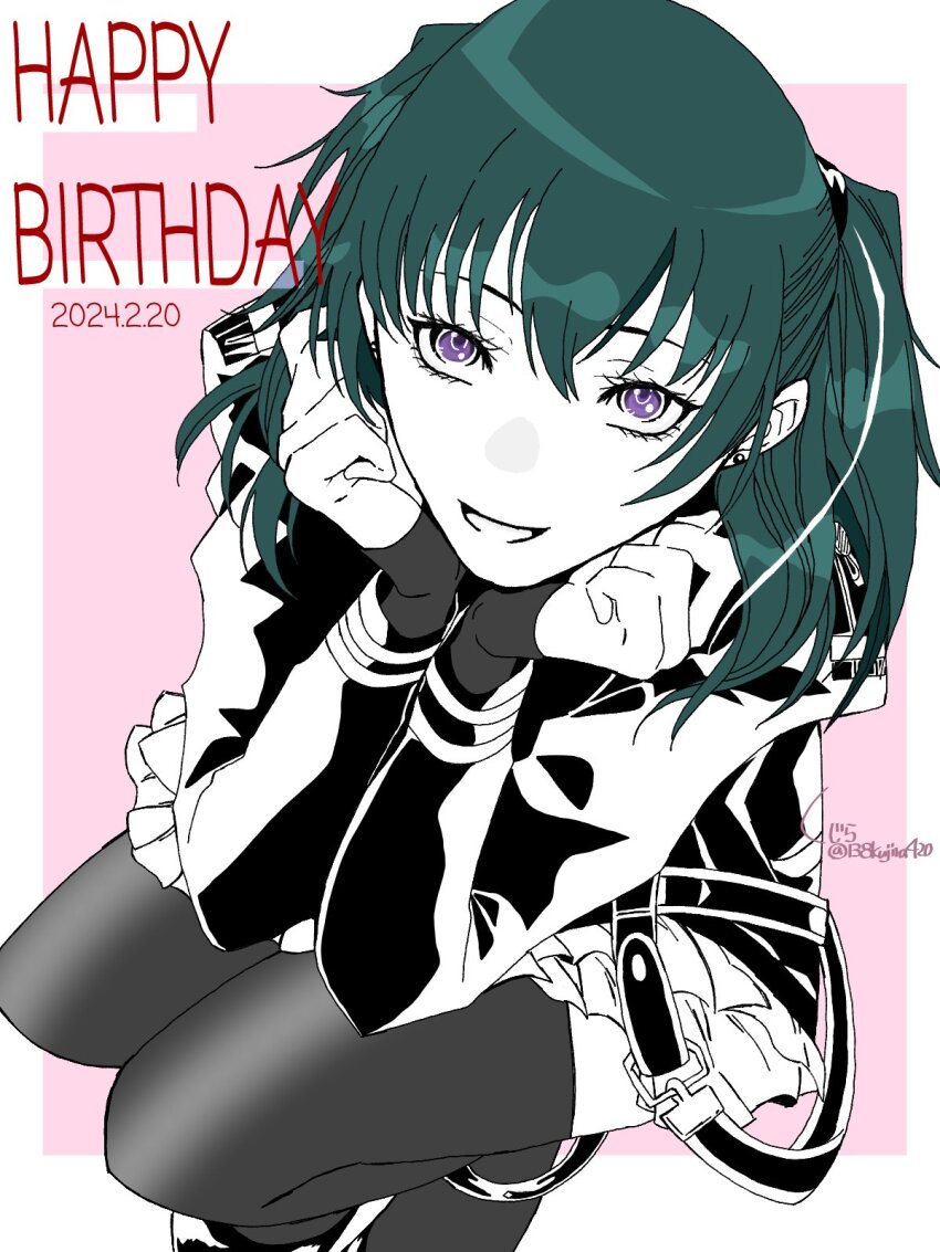 1girl anklet belt birthday black_belt black_jacket black_order_uniform border d.gray-man earrings elbow_on_thigh english_text eyelashes fingerless_gloves from_above gloves green_hair hair_between_eyes hair_over_shoulder hair_ribbon hands_on_own_chin happy_birthday highres horizontal-striped_belt jacket jewelry kujira_(138kujira420) lenalee_lee limited_palette long_hair long_sleeves looking_at_viewer military_uniform miniskirt monochrome outside_border parted_bangs parted_lips pink_background pleated_skirt purple_eyes ribbon shoes sidelocks signature simple_background skirt smile solo squatting striped_belt striped_clothes striped_jacket stud_earrings thighhighs thighs twitter_username two_side_up white_border zettai_ryouiki