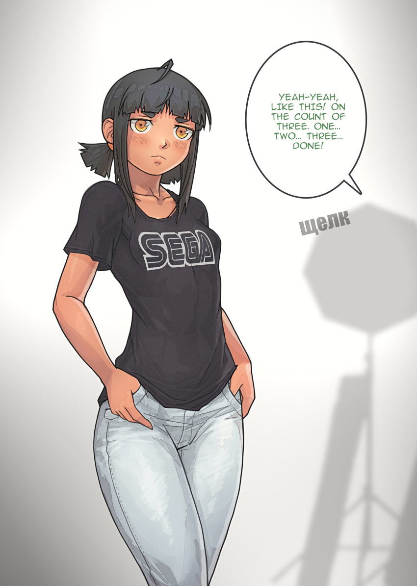 1girl ahoge black_hair black_shirt blunt_bangs blurry blurry_background blush breasts brown_eyes closed_mouth collarbone cowboy_shot denim english_text gloomy_(leonzo) highres khmuro leonzo low_twintails medium_hair original pants sega shirt short_sleeves short_twintails sidelocks small_breasts solo speech_bubble t-shirt tan thumbs_in_pockets twintails white_pants