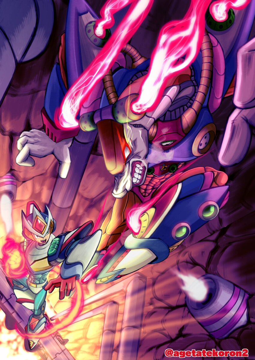 2boys agetatekoron2 antlers armor deer flame_stag flaming_hand flying_kick forehead_jewel helmet highres horns kicking male_focus mega_man_(series) mega_man_x_(series) multiple_boys open_mouth parted_lips second_armor_x_(mega_man) shouryuuken teeth twitter_username uppercut white_armor white_helmet x_(mega_man)