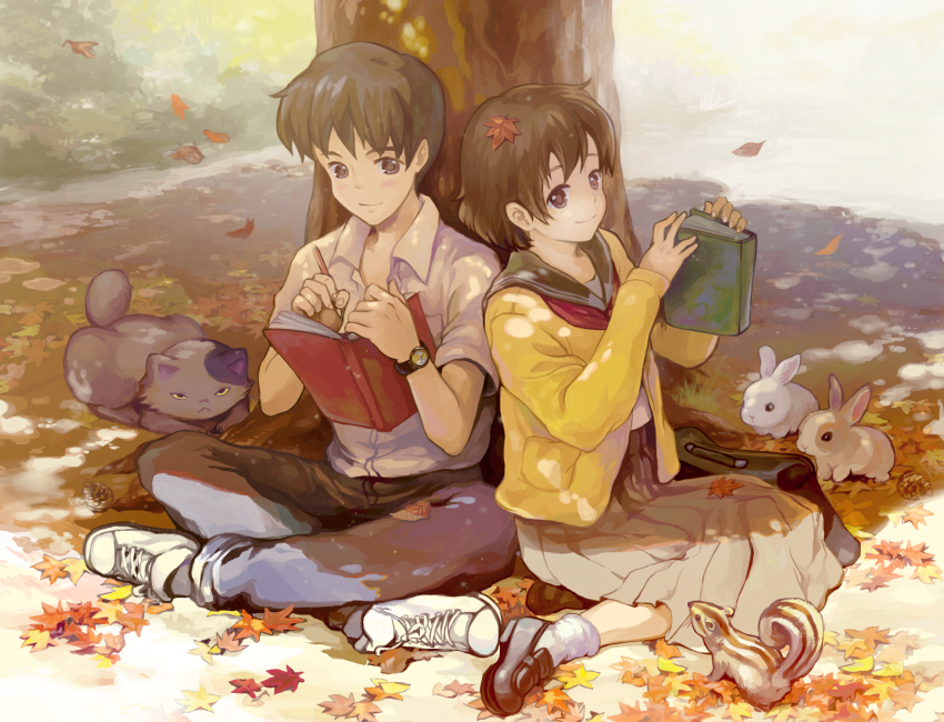1990s_(style) 1boy 1girl amasawa_seiji autumn autumn_leaves blush bob_cut book brown_eyes brown_hair rabbit cardigan cat dappled_sunlight highres indian_style leaf light_smile maple_leaf mimi_wo_sumaseba open_book outdoors pencil reading saya_(mychristian2) school_uniform serafuku short_hair sitting skirt smile squirrel sunlight tree tsukishima_shizuku watch wristwatch writing yokozuwari