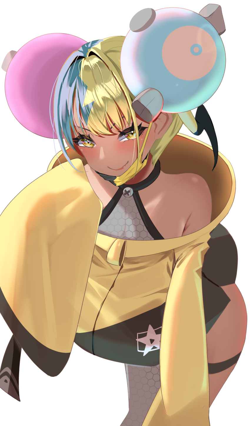 1girl absurdres canari_(pokemon) character_hair_ornament closed_mouth commentary_request cosplay eyelashes grey_shirt hair_ornament happy highres iono_(pokemon) iono_(pokemon)_(cosplay) jacket long_sleeves looking_at_viewer mask mask_pull momdy_(talesshinja) mouth_mask multicolored_hair nintendo pokemon pokemon_legends:_z-a pokemon_sv shirt single_leg_pantyhose sleeveless sleeveless_shirt sleeves_past_fingers sleeves_past_wrists smile solo star_(symbol) star_print thigh_strap twintails yellow_eyes yellow_jacket