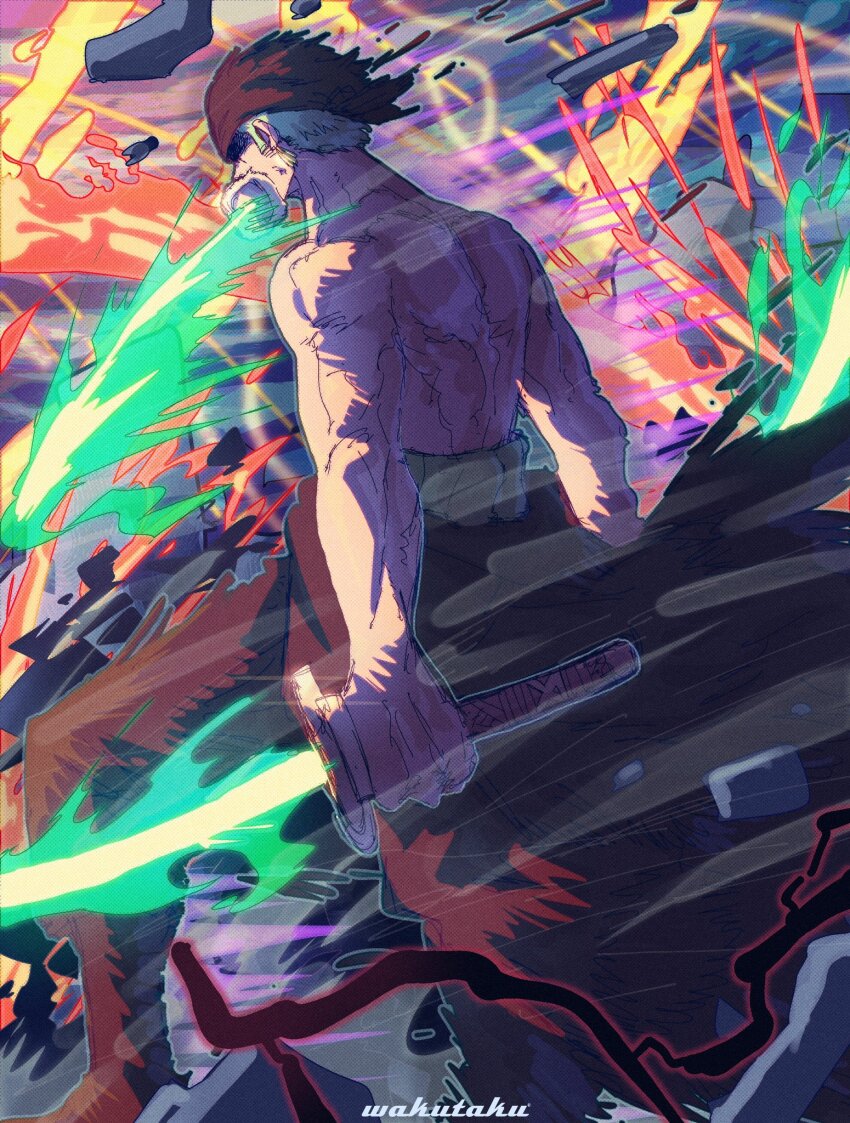 1boy bandana commentary earrings english_commentary fire green_hair haramaki highres holding holding_sword holding_weapon jewelry male_focus one_piece roronoa_zoro short_hair sideburns solo sword taku_(aywakutakuay) topless_male weapon weapon_in_mouth