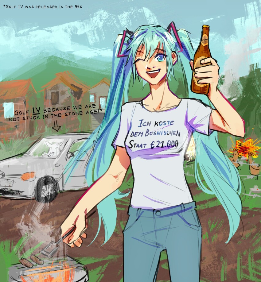 1girl :d absurdres alcohol arm_up beer bird blue_eyes blue_hair blue_pants bosnia_and_herzegovina bottle chicken clothes_writing collarbone commentary cowboy_shot day denim drink english_commentary english_text euro_sign fighting fire food footnote german_text goat grass grill hair_ornament hatsune_miku highres holding holding_bottle holding_drink holding_tongs jeans long_hair looking_at_viewer meowkberry mixed-language_text mountainous_horizon one_eye_closed open_mouth outdoors pants sausage shirt sketch smile smoke solo t-shirt teeth tongs translated upper_teeth_only village vocaloid volkswagen volkswagen_golf white_shirt worldwide_miku