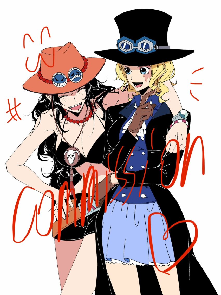 2girls ^_^ arm_tattoo ascot bikini black_bikini black_coat black_hair black_hat black_shorts blonde_hair blue_eyes bracelet brown_gloves closed_eyes coat commission cowboy_shot freckles genderswap genderswap_(mtf) gloves goggles goggles_on_headwear hand_on_own_hip hat heart highres jewelry kurenaikiyumi log_pose long_hair medium_hair multiple_girls necklace one_piece orange_hat pearl_necklace portgas_d._anne sabo_(one_piece) scar scar_on_face shorts skirt swimsuit tattoo white_ascot