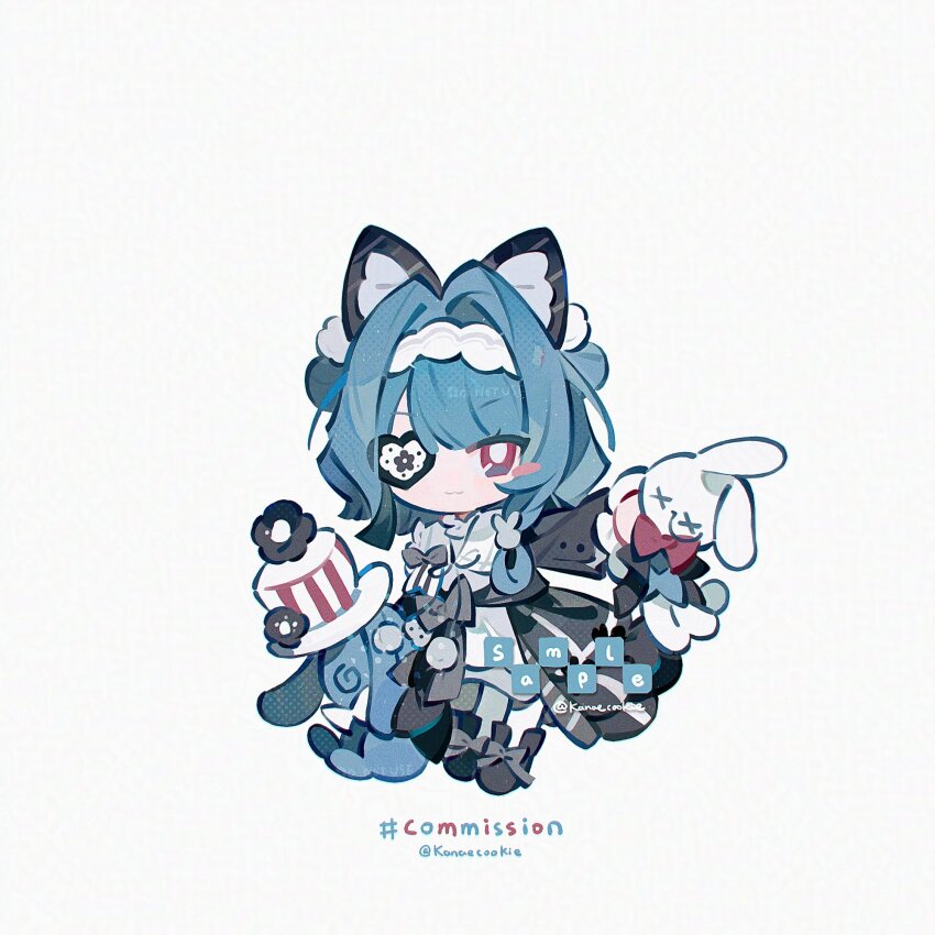 1girl :3 animal_ears black_boots black_coat blue_hair blunt_bangs blush_stickers boots cat_ears cat_girl chibi chibi_only closed_mouth coat collared_shirt commission eyepatch full_body hair_intakes hairband heart heart_eyepatch highres kanae_(cookie) long_hair long_sleeves looking_at_viewer open_clothes open_coat original red_eyes shirt simple_background smile solo standing twitter_username white_background white_hairband white_shirt