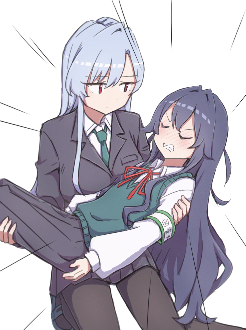 2girls absurdres armband black_hair black_jacket black_pantyhose black_skirt blush carrying clenched_teeth closed_eyes commentary eiai_nano emphasis_lines green_necktie green_sweater_vest grey_hair hair_between_eyes highres jacket kimi_no_koto_ga_dai_dai_dai_dai_daisuki_na_100-nin_no_kanojo long_hair long_sleeves looking_at_another multiple_girls nanami_yotsuya neck_ribbon necktie nose_blush pantyhose pleated_skirt princess_carry puffy_long_sleeves puffy_sleeves red_eyes red_ribbon ribbon school_uniform shirt simple_background skirt slippers sweater_vest teeth v-shaped_eyebrows very_long_hair white_background white_shirt wing_collar yoshimoto_shizuka