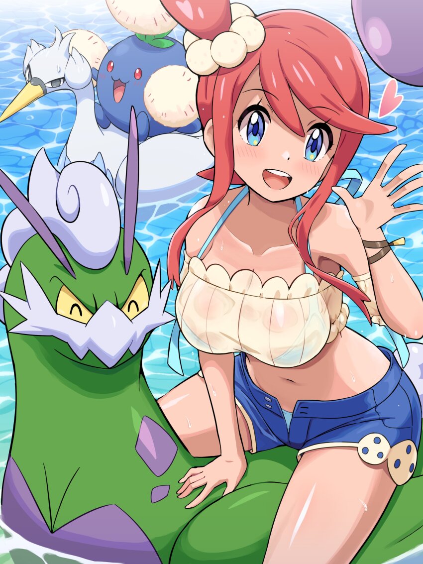 1girl :d absurdres bikini bikini_under_clothes bikini_under_shorts blue_eyes blue_shorts breasts crop_top gen_2_pokemon gen_5_pokemon hand_up heart highres jumpluff large_breasts legendary_pokemon nintendo official_alternate_costume one_side_up open_fly open_hand open_mouth pokemoa pokemon pokemon_(creature) pokemon_masters_ex red_hair riding short_shorts shorts sitting skyla_(pokemon) skyla_(summer_2025)_(pokemon) smile soaking_feet swanna swimsuit tan thighs tornadus tornadus_(therian) water