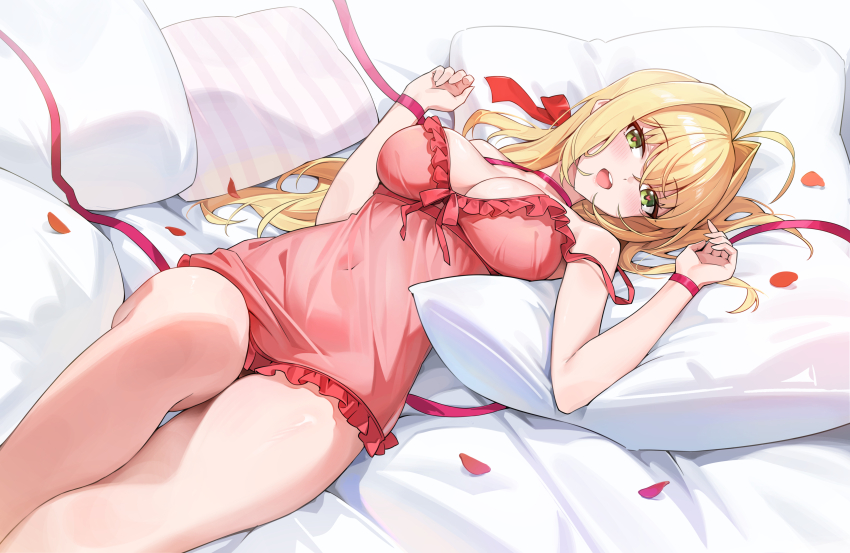 1girl absurdres blush breasts dress fate/grand_order fate_(series) green_eyes highres looking_at_viewer nero_claudius_(fate) on_bed pajamas red_dress shenqi_xiao_hong_zai_nali smile solo