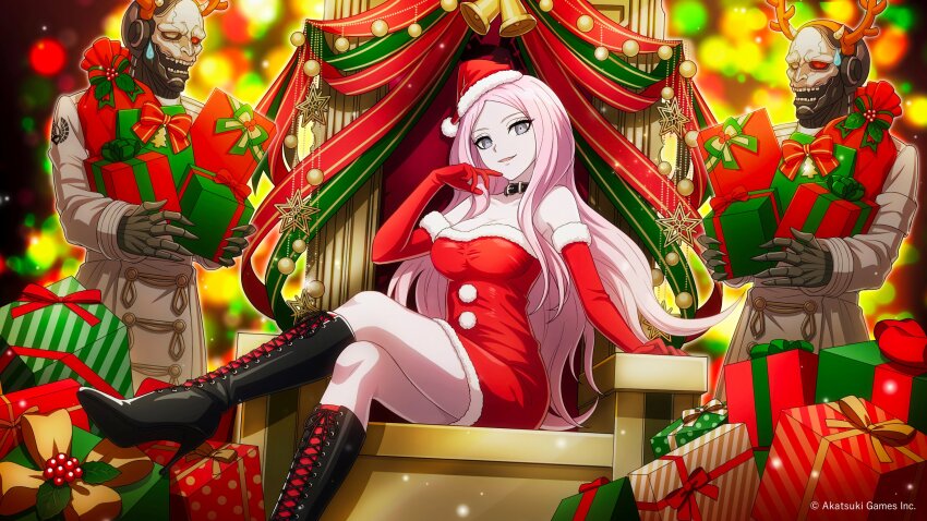 1girl 2others absurdres antlers artist_request bell belt_collar black_boots black_collar boots bow box breasts christmas christmas_ornaments cleavage coat collar collarbone copyright_notice crossed_legs dress elbow_gloves finger_to_face gift gift_box gloves green_bow green_ribbon grey_eyes hand_up hat heterochromia highres holding holding_gift horns kamiki_yui_(tribe_nine) large_breasts long_hair mask mistletoe multiple_others official_art pink_hair red_bow red_dress red_gloves red_hat red_ribbon reindeer_antlers ribbon santa_hat sitting sitting_on_throne strapless strapless_dress sweatdrop tribe_nine white_coat