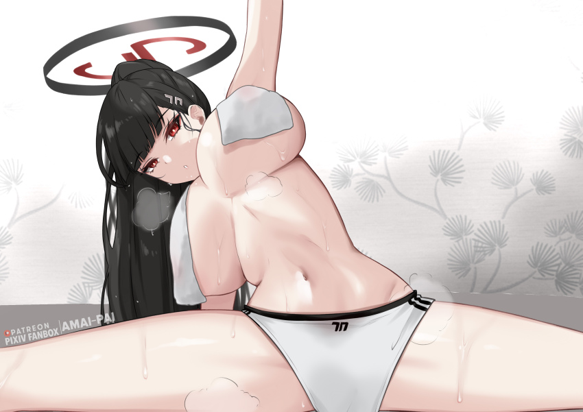 1girl absurdres amai-pai black_hair blue_archive breasts cleavage highres huge_breasts large_breasts long_hair looking_at_viewer navel red_eyes rio_(blue_archive) side_sitting_split sitting_split split stomach sweat thighs towel_around_breasts underboob underwear underwear_only very_long_hair