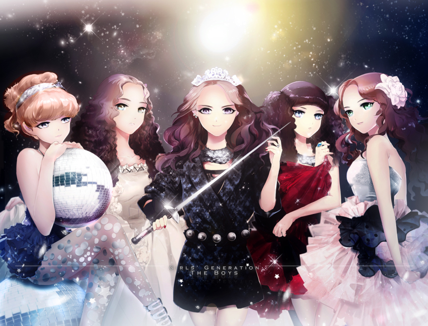 5girls copyright_name disco_ball dress earrings female_focus flower girls&#039;_generation green_eyes hair_ornament jewelry k-pop long_hair looking_at_viewer multiple_girls pantyhose patterned_legwear ring shiny_clothes sitting skirt smile sooyoung_(girls&#039;_generation) standing sword taeyeon_(girls&#039;_generation) the_boys tiara tiffany_(girls&#039;_generation) weapon yoona_(girls&#039;_generation) yuri_(girls&#039;_generation)