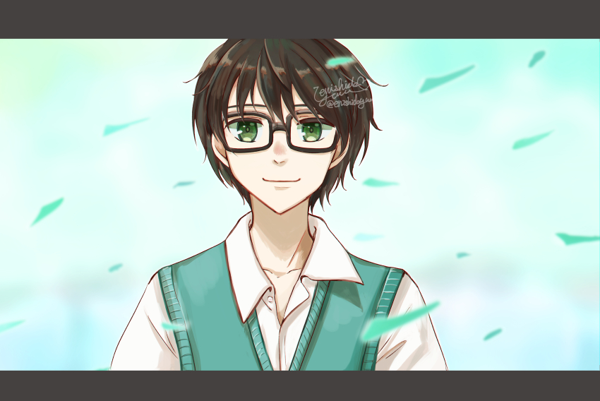 1boy absurdres aqua_vest artist_name black-framed_eyewear black_hair day enishidayuu green_eyes highres kiriyama_rei letterboxed light_smile looking_at_viewer outdoors sangatsu_no_lion shirt short_hair solo twitter_username upper_body white_shirt