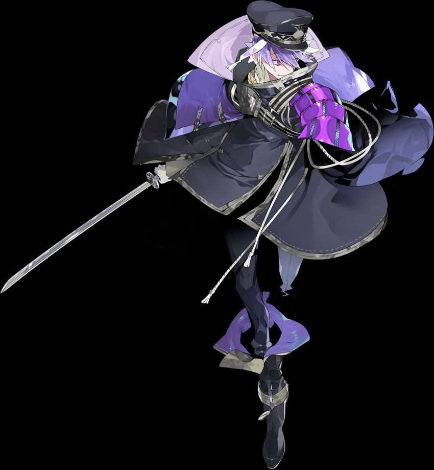 1boy armor black_pants boots coat eyes_visible_through_hair full_body gloves hat highres japanese_armor katana kukicha male_focus military_hat minamoto_kiyomaro official_art pants purple_eyes purple_hair shoulder_armor sode sword tassel touken_ranbu transparent_background weapon white_gloves