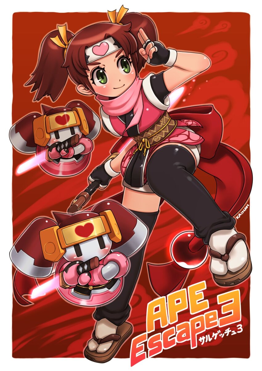 1girl black_gloves black_thighhighs blush brown_hair brown_sandals closed_mouth commentary_request fingerless_gloves forehead_protector full_body gloves green_eyes heart highres kainan katana kuji-in looking_afar ninja pink_scarf pink_shirt red_background robot sandals saru_getchu sayaka_(saru_getchu) scarf shirt short_hair shorts smile socks solo sword tabi thighhighs twintails weapon white_shorts white_socks xiangyun zouri