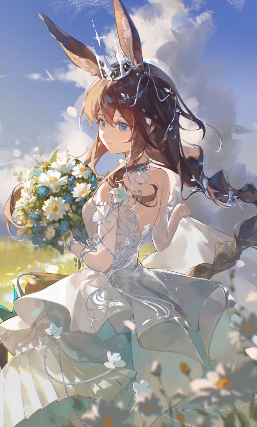 1girl absurdres ambience_synesthesia amiya_(ambience_synesthesia_2025)_(arknights) amiya_(arknights) amukeer animal_ears arknights artist_name blue_eyes bouquet braid brown_hair closed_mouth commentary_request crown dress flower highres holding holding_bouquet long_hair looking_to_the_side official_alternate_costume rabbit_ears skirt_hold solo very_long_hair white_dress white_flower