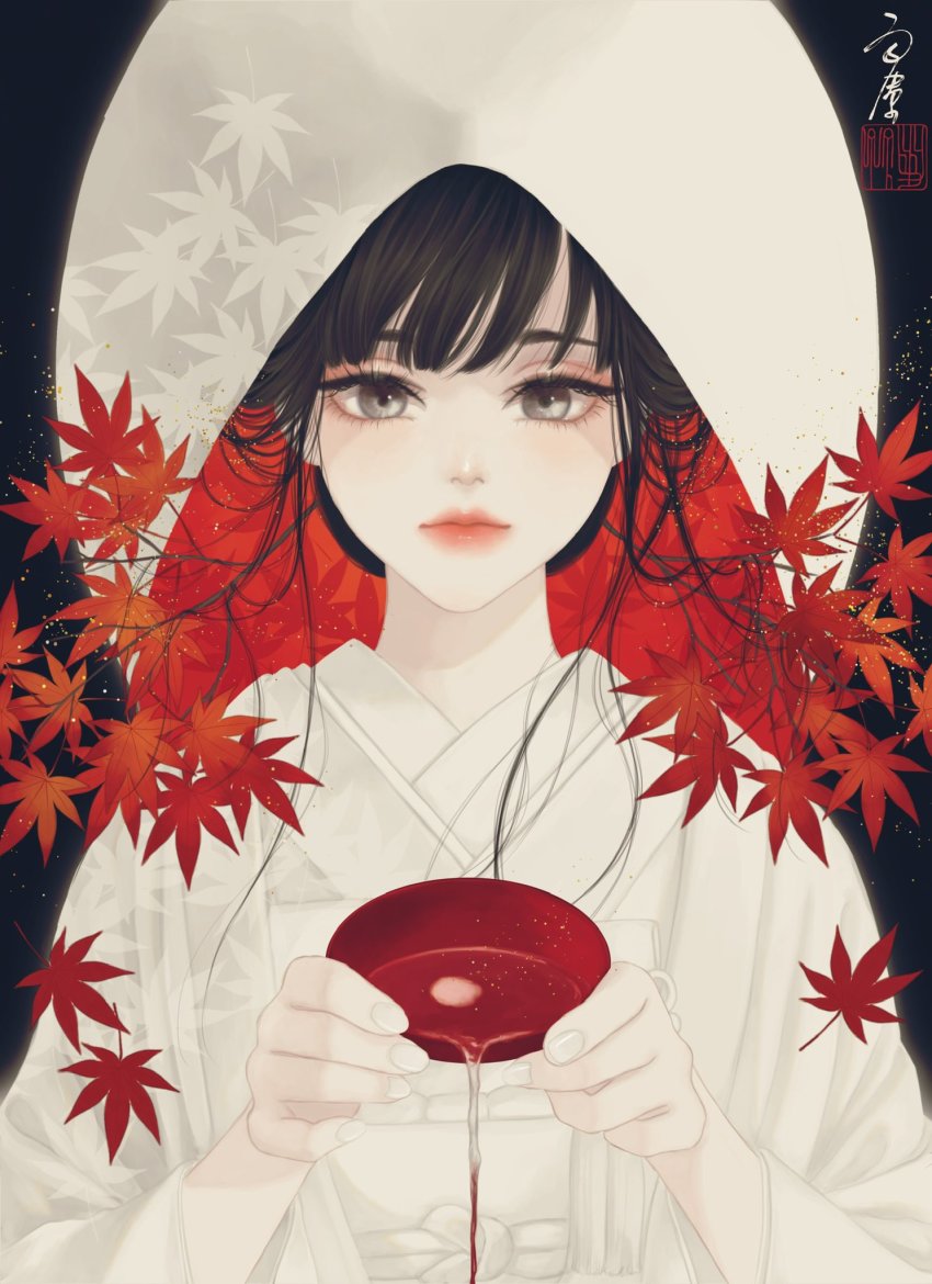 1girl alcohol autumn_leaves black_background bride brown_eyes brown_hair closed_mouth commentary_request cup highres holding holding_cup japanese_clothes kimono leaf long_hair long_sleeves looking_at_viewer maple_leaf nail_polish obi obijime original pouring sakazuki sake sash seal_impression shiromuku signature solo straight-on twig uchikake upper_body ushiyama_ame wataboushi white_headwear white_kimono white_nails