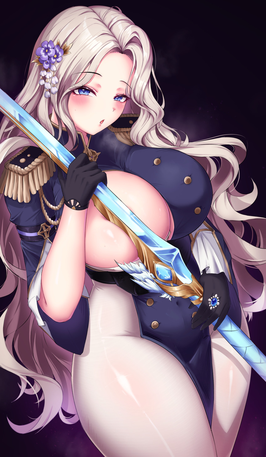 1girl absurdres aiguillette black_gloves black_jacket blonde_hair blue_eyes blush bodysuit breasts brown_dust_(series) brown_dust_2 chu.n cleavage commentary covering_breasts covering_privates cowboy_shot darian_silverstein epaulettes flower gloves hair_flower hair_ornament highres holding holding_sword holding_weapon jacket jewelry large_breasts long_hair long_sleeves looking_at_viewer military_jacket military_uniform parted_hair parted_lips pelvic_curtain revealing_clothes ring solo standing steam sword very_long_hair weapon white_bodysuit