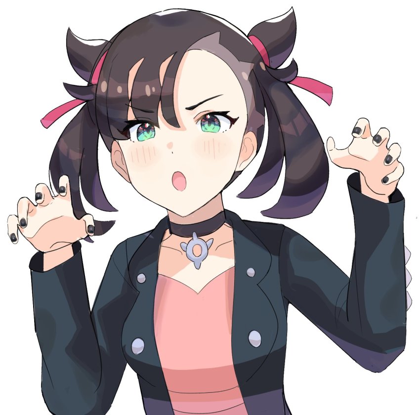 1girl :o black_choker black_hair black_jacket black_nails blush choker claw_pose dress gao green_eyes hair_ribbon hands_up highres jacket marnie_(pokemon) medium_hair nail_polish nintendo open_mouth pendant_choker pink_dress pokemon pokemon_swsh red_ribbon ribbon simple_background solo spyg twintails two_side_up upper_body v-shaped_eyebrows white_background