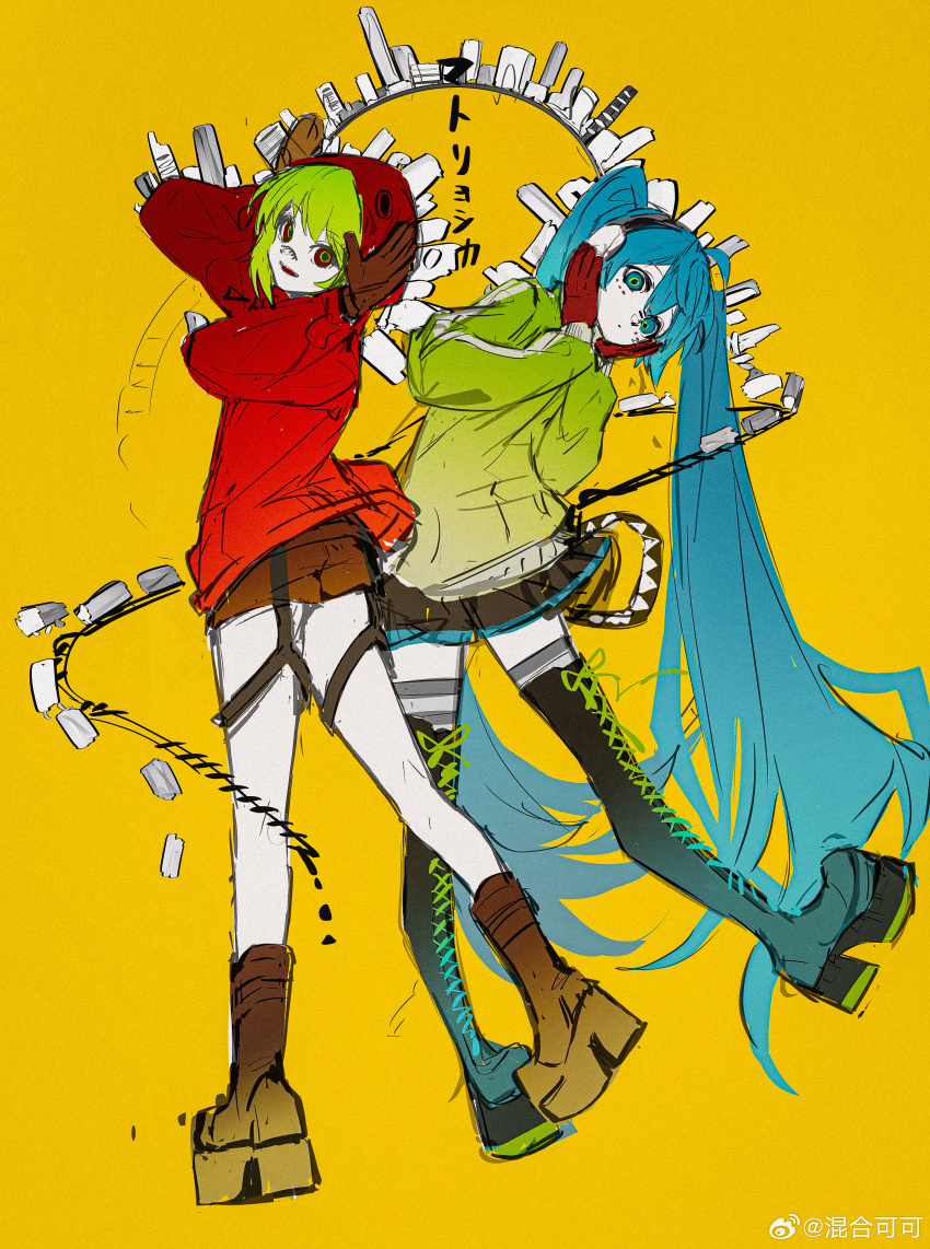 2girls :d absurdly_long_hair absurdres artist_name black_boots black_skirt blue_eyes blue_hair boots brown_boots brown_gloves brown_shorts closed_mouth colored_skin commentary_request expressionless facial_mark floating_clothes full_body garter_straps gloves gradient_footwear green_hair green_hoodie green_pupils gumi hair_between_eyes hands_on_own_cheeks hands_on_own_face hands_up hatsune_miku head_tilt highres hood hood_up hoodie lace-up_boots leg_up long_hair looking_at_viewer looking_back mark_under_both_eyes matryoshka_(vocaloid) miniskirt multiple_girls open_mouth platform_footwear rabbit_pose red_eyes red_gloves red_hoodie rumoon short_hair short_shorts shorts sketch skirt smile song_name standing standing_on_one_leg teeth thigh_boots twintails upper_teeth_only very_long_hair vocaloid watermark weibo_watermark white_skin yellow_background