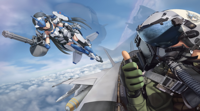 10s 1boy 1girl absurdres aircraft airplane armor black_hair blue_eyes canopy cloud cockpit day f-15_eagle fighter_jet flight_suit flying frame_arms_girl g-suit gatling_gun gun helmet highres jpc long_hair mecha_musume military military_vehicle minigun pilot rocket sky smile stylet thumbs_up weapon
