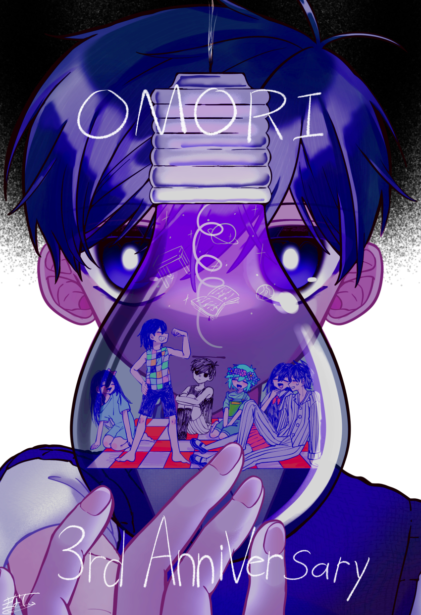 2girls 5boys :d :| ^_^ absurdres anniversary antenna_hair aqua_hair aubrey_(headspace)_(omori) aubrey_(omori) bare_arms bare_shoulders barefoot basil_(headspace)_(omori) basil_(omori) black_background blue_dress book bright_pupils brother_and_sister brothers buttons checkered_clothes checkered_shirt closed_eyes closed_mouth collared_shirt commentary_request copyright_name double-parted_bangs dress dual_persona fingernails flexing flower flower_wreath foreshortening full_body grin hair_behind_ear hair_between_eyes haiyang_shengwu hand_on_own_hip hand_up head_wreath hero_(headspace)_(omori) hero_(omori) highres hugging_own_legs kel_(headspace)_(omori) kel_(omori) knee_up light_bulb long_hair long_sleeves looking_at_viewer male_focus mari_(headspace)_(omori) mari_(omori) mary_janes miniskirt multiple_boys multiple_girls neckerchief omori omori_(omori) open_mouth pants pantyhose pink_flower pinstripe_pants pinstripe_pattern pinstripe_shirt pleated_skirt portrait profile purple_eyes purple_flower purple_hair purple_rose purple_shoes purple_sweater_vest red_neckerchief red_skirt rose shirt shoes short_dress short_hair short_sleeves siblings sideways_mouth simple_background sitting skirt sleeveless sleeveless_shirt smile solo_focus standing sunny_(omori) sweatdrop sweater_vest tongue two-tone_background v_arms very_short_hair wariza white_background white_pants white_pantyhose white_pupils white_shirt