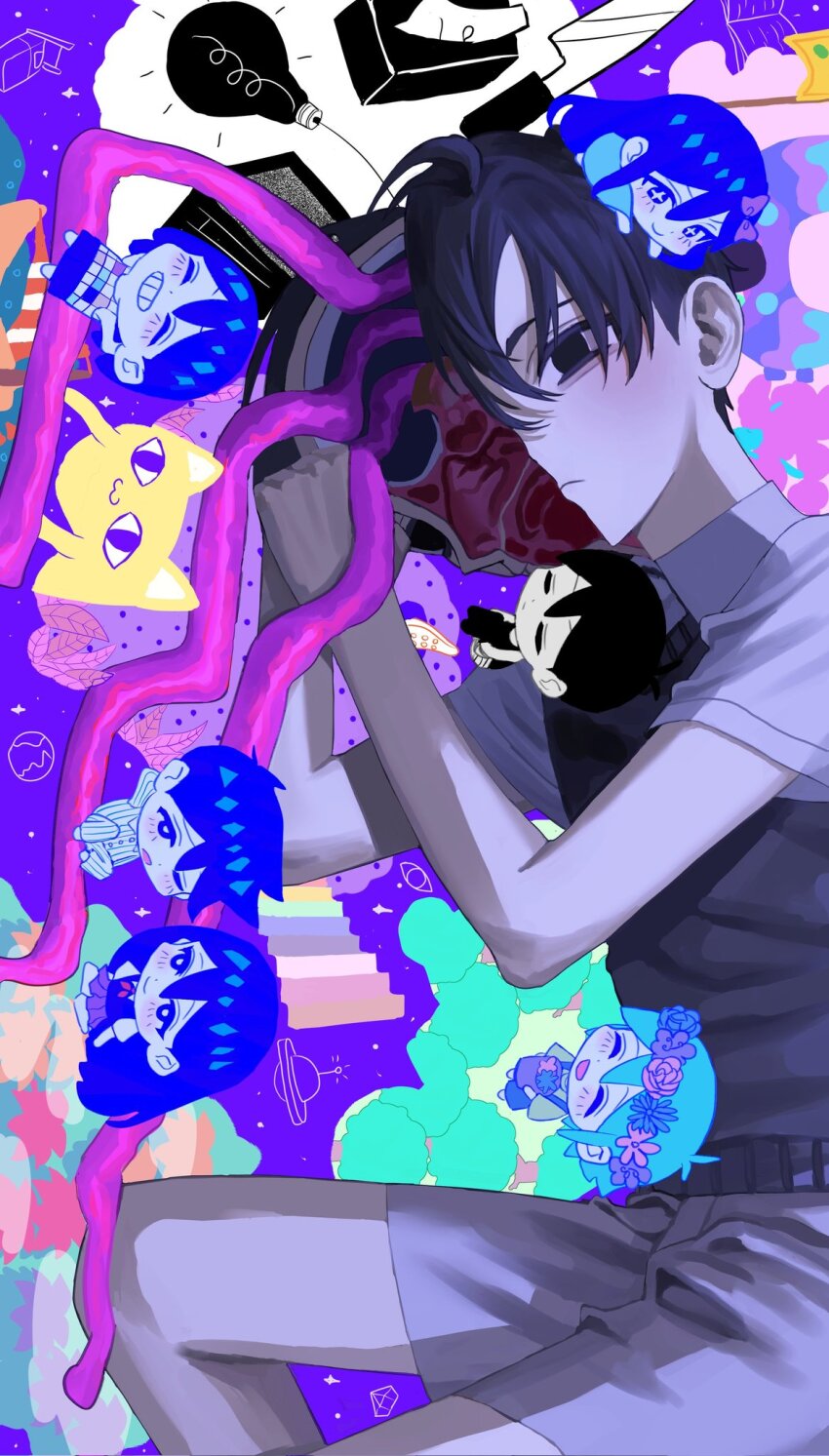 +_+ 2girls 5boys aegyo_sal aubrey_(headspace)_(omori) aubrey_(omori) basil_(headspace)_(omori) basil_(omori) big_yellow_cat_(omori) black_eyes black_hair closed_eyes closed_mouth colored_skin green_hair grin hero_(headspace)_(omori) hero_(omori) highres kel_(headspace)_(omori) kel_(omori) lifejam_403 light_bulb long_hair looking_at_another mari_(headspace)_(omori) mari_(omori) multiple_boys multiple_girls omori omori_(omori) one_eye_closed parted_lips purple_eyes purple_hair short_hair smile sunny_(omori) teeth tissue tissue_box white_skin